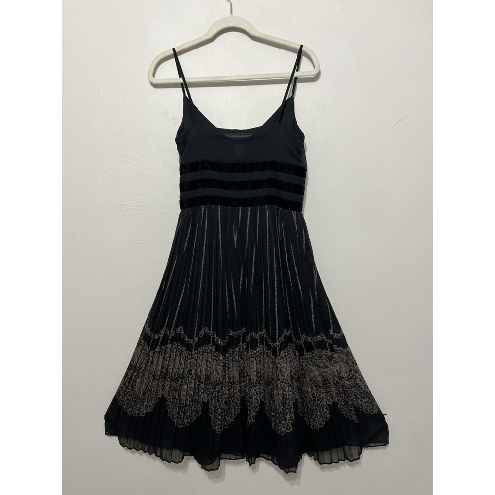 LOFT‎ Black Velvet Ribbon Pleated Midi Dress Spaghetti Strap Women's Size S